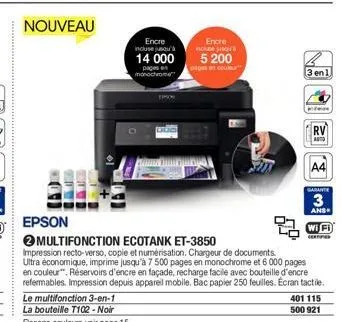 nouveau  encre incluse jusqu'à  14 000  pages en monochrome  epson  multifonction ecotank et-3850  impression recto-verso, copie et numérisation. chargeur de documents. ultra économique, imprime jusqu