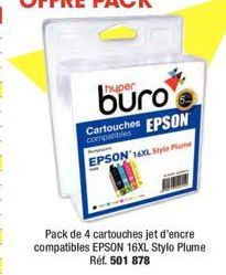 huper  buro  Cartouches EPSON  EPSON 16XL Style Plume  Pack de 4 cartouches jet d'encre compatibles EPSON 16XL Stylo Plume Rét. 501 878 