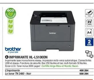 éco  brother  at your side  limprimante  le toner tn 3480 - noir  멈  imprimante hl-l5100dn  imprimante laser monochrome réseau. impression recto-verso automatique. connectivités usb et réseau. fonctio