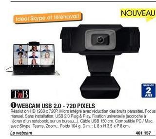 Idéal Skype et télétravail  7  TMB  OWEBCAM USB 2.0-720 PIXELS  Résolution HD 1280 x 720P. Micro intégré avec réduction des bruits parasites. Focus manuel. Sans installation, USB 2.0 Plug & Play. Fixa