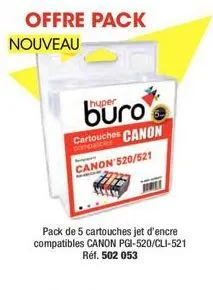 offre pack  nouveau  huper  cartouches canon  canon 520/521  pack de 5 cartouches jet d'encre compatibles canon pgi-520/cli-521 réf. 502 053 