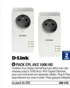 dink  d-link  d-link  garante  2  ans  pack cpl av2 1000 hd  création d'un réseau homeplug haut débit avec des vitesses jusqu'à 1000 mo/s. port gigabit ethernet pour une connexion aux appareils câblés