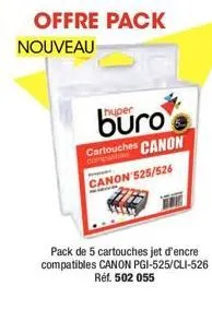 offre pack  nouveau  pack de 5 cartouches jet d'encre compatibles canon pgi-525/cli-526 réf. 502 055  hyper  cartouches canon  canon 525/526 