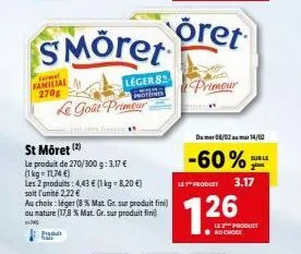 format familial  270g  smöret  leger 8  le goût primeur  st môret  (2)  le produit de 270/300 g: 3,17 €  (1 kg = 11,74 €)  les 2 produits: 4,43 € (1 kg = 8,20 €)  soit l'unité 2,22 €  au choix: léger 