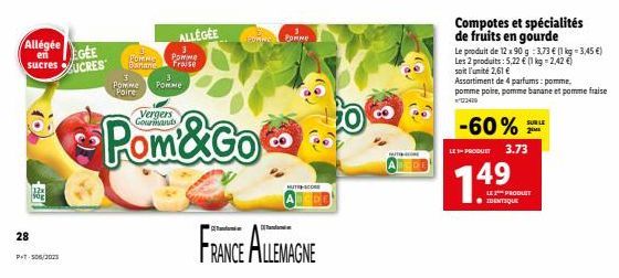 28  Allégée  en  sucres  32x 50g  PT-506/2023  Pomme  Poire  Vergers Gourmants  ALLÉGÉE  EGEE  3  Forme Pomme  UCRES Banane Fraise  Pomme  PORN POMME  FRANCE ALLEMAGNE  Compotes et spécialités de frui