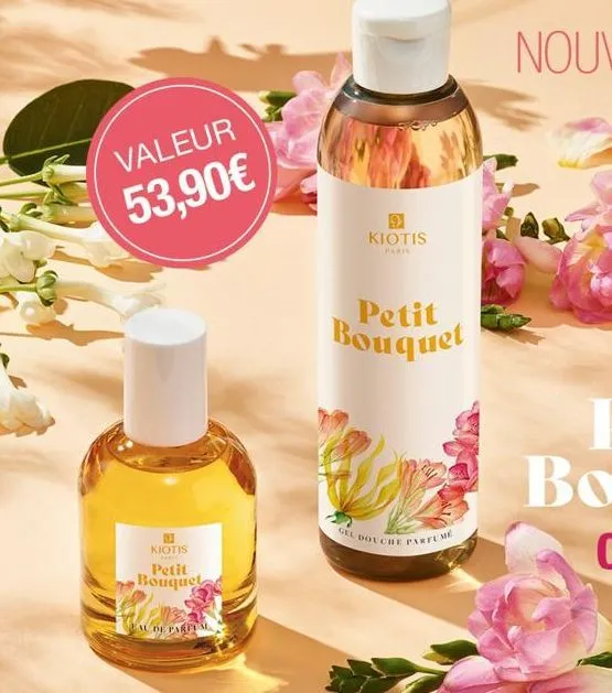 valeur  53,90€  kiotis petit  bouquet  eau de parfum  kiotis  paris  petit  bouquet  gel douche parfume 