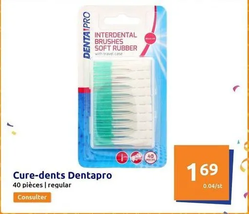 denta pro  interdental brushes soft rubber  with travel case  cure-dents dentapro 40 pièces | regular  consulter  realica  40 pieces  169  0.04/st 