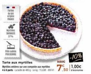 Farine de bi  ge FRANCE  Miles  SAUVAGES  37%  Pâte sabl FOR BEBE  Tarte aux myrtilles  Myrtilles tres sur une compotée aux bes  4 à 6 parts-Labo de 480g-Lekg: 1563-9741  2.50€  -10% 1,00€  d'économie