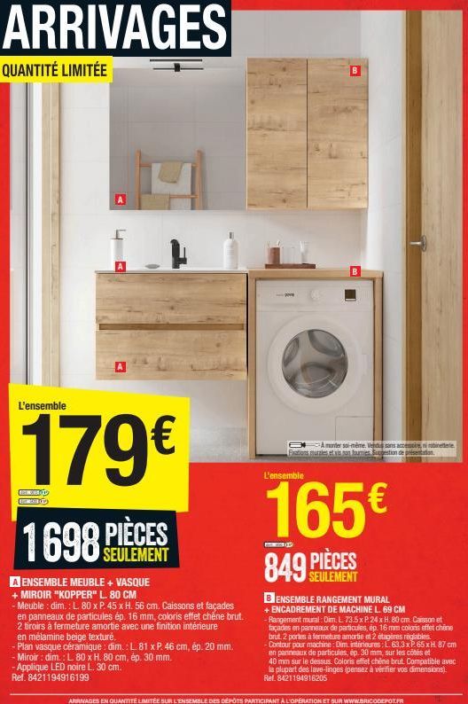 ARRIVAGES  QUANTITÉ LIMITÉE  L'ensemble  179€  ESENCILLOT  698 PIÈCES  SEULEMENT  A ENSEMBLE MEUBLE + VASQUE + MIROIR "KOPPER" L. 80 CM  - Meuble: dim.: L. 80 x P. 45 x H. 56 cm. Caissons et façades e