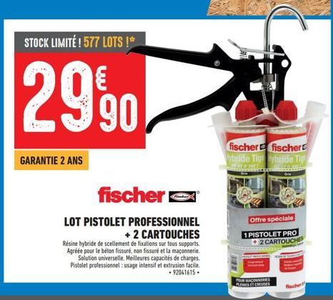 STOCK LIMITÉ ! 577 LOTS!*  2990  GARANTIE 2 ANS  fischer  LOT PISTOLET PROFESSIONNEL + 2 CARTOUCHES Résine hybride de scellement de fixations sur tous supports. Agréée pour le béton fissuré, non fissu