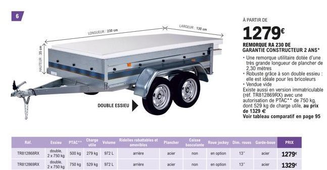 6  Rel.  HAUTEUR: 35 cm  TR812868RX TR812869RX  PTAC  Essieu double 2 x 750 kg double. 750 kg 2 x 750 kg  500 kg  LONGUEUR 230 cm  DOUBLE ESSIEU  Charge utile  Volume  279 kg  972 L  529 kg 972 L  arr