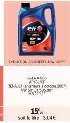 elf  EVOLUTION DESE 15W-40  EVOLUTION 500 DIESEL 15W-40  ACEA A3/B3 API SL/CF  RENAULT (antérieurs à octobre 2007)  VW 501.01/505.00* MB 229.1*  15,20  soit le litre : 3,04 € 