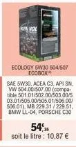 kea vol  ecology 5w30 504/507 ecobox  sae 5w30, acea c3, api sn, vw 504.00/507.00 (compa tible 501.01/502.00/503.00/5 03.01/505.00/505.01/506.00/ 506.01), mb 229.31/229.51, bmw ll-04, porsche c30  54,