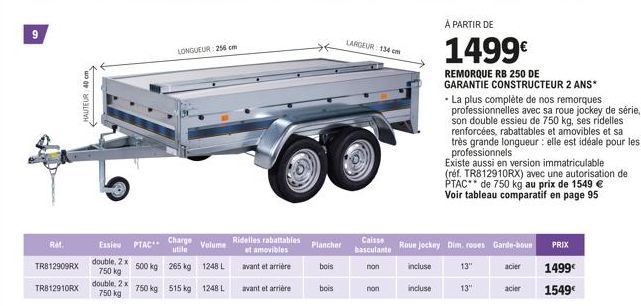 9  Ref.  TR812909RX  TR812910RX  HAUTEUR: 40 cm  double, 2 x  750 kg  Essieu PTAC  double, 2 x 500 kg 265 kg 1248 L 750 kg  750 kg 515 kg 1248 L  LONGUEUR 256 cm  Charge utile  Volume  Ridelles rabatt