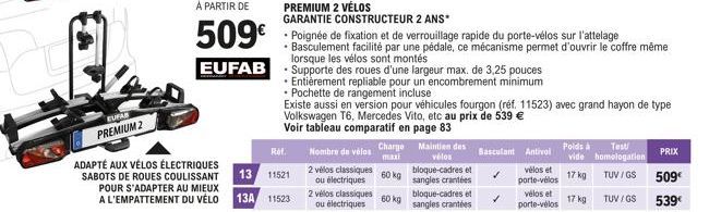 EUFAR  PREMIUM 2  ADAPTÉ AUX VÉLOS ÉLECTRIQUES SABOTS DE ROUES COULISSANT POUR S'ADAPTER AU MIEUX A L'EMPATTEMENT DU VÉLO  Rat.  13 11521  13A 11523  EUFAB Supporte des roues d'une largeur max. de 3,2