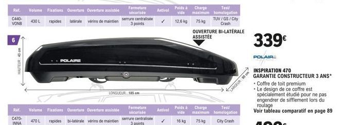 Ref. C440-VONB  HAUTEUR: 43 cm  Ref.  C470- INNA  430 L  Volume Fixations Ouverture Ouverture assistée  rapides  POLAIRE  laterale vérins de maintien serrure centralisée  3 points  Volume Fixations Ou