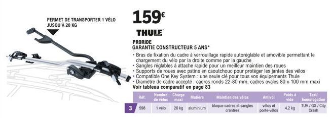 PERMET DE TRANSPORTER 1 VÉLO  JUSQU'À 20 KG  159€  THULE  PRORIDE  GARANTIE CONSTRUCTEUR 5 ANS*  Nombre Charge de vélos maxi 1 vélo 20 kg aluminium  Maintien des vélos bloque-cadres et sangles crantée