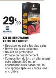 29,90  AbelAuto  KIT DE RÉNOVATION ENTRETIEN CUIRS  • Décrasse les cuirs les plus sales .Ravive les cuirs décolorés Nourrit en profondeur • Protège du dessèchement. Composition du kit: un décrassant c