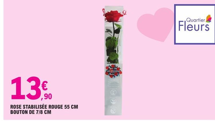 rose stabilisee rouge 55cm bouton de 7/8 cm