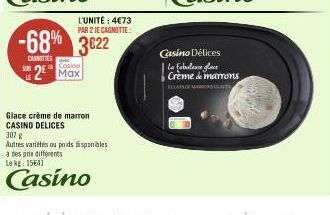 L'UNITÉ: 4€73  PAR 2 JE CAGNOTTE:  -68% 3622  CANOTTES  Casino  2 Max  Glace crème de marron CASINO DELICES  307 g  Casino Délices  La fabulease glace Crème de marrons  ECLATS MONTS 