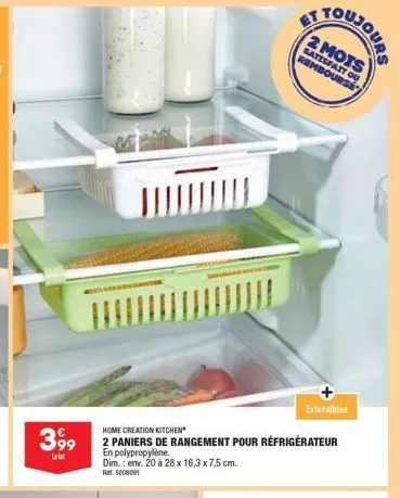 home creation kitchen  399 2 paniers de rangement pour réfrigérateur  en polypropylene. dim.: env. 20 à 28 x 16,3 x 7,5 cm. ret 5008091  extensibles 