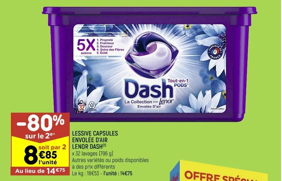 lessive capsules envolée d’air lenor dash