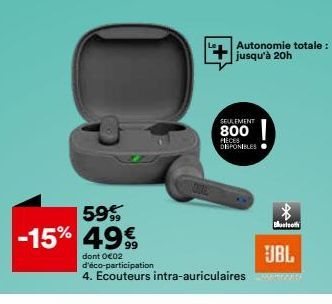 599  -15% 49€  QUE  dont 0€02 d'éco-participation  4. Ecouteurs intra-auriculaires  SEULEMENT  800  MECES DISPONIBLES  Autonomie totale: jusqu'à 20h  Bluetooth  JBL 