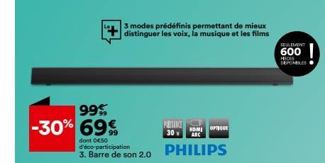 999  -30% 69€  dont 0€50 d'éco-participation 3. Barre de son 2.0  3 modes prédéfinis permettant de mieux distinguer les voix, la musique et les films  PUISSANCE HDMI OPTIQUE 30 ARC  PHILIPS  SEULEMENT