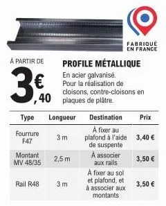 à partir de  3€  type  fourrure f47  40 plaques de plâtre.  longueur  montant mv 48/35  rail r48  3m  profile métallique en acier galvanisé. pour la réalisation de cloisons, contre-cloisons en  2,5 m 