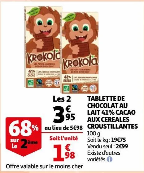 tablette de chocolat au lait 41% cacao aux cereales croustillantes