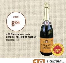 L'UNITÉ  8€95  AOP Cremant de savoie GAEC DU CELLIER DE SORDAN blanc brat, 75cl  CREMANT, SAVOIE 