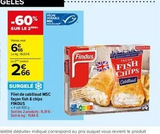 -60%  sur le 2  vendu se  6%  lekg: 1663€  le produ  2%  peche durable msc  surgelé  filet de cabillaud msc  façon fish & chips findus  x 4 soit 400 g  soit les 2 produits: 9,31€- soit le kg: 11,64 € 