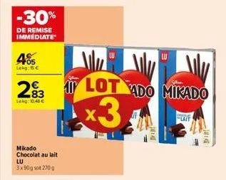 -30%  de remise immédiate  405  lekg: 15€  €  293  lekg:10,48 €  mikado chocolat au lait  lu 3x90g sok 270 g  lot ado mikado  my  x3  lait  d  