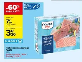 -60%  sur le 2  vondu sou  7⁹9  lekg: 390€  peche durable  le 2 produ  3,⁹0  surgelé  filet de saumon sauvage costa 2509  soit les 2 produits: 11.39€  sotle kg: 22.38 €  happy  costa  filets de saumon