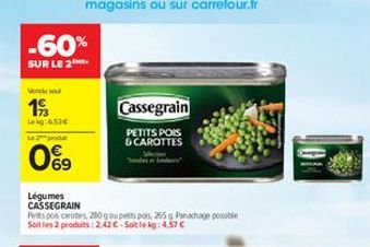 -60% SUR LE 2  Vendu  19/3  Lekg:6.53€  La 2 god  0%9  Légumes CASSEGRAIN  Pets pois carotes, 280 goupetts pois, 255e Panachage possible Soit les 2 produits: 2.42€-Soit le kg: 4,57 €  Cassegrain  PETI