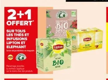 2+1  offert  sur tous  les thés et  infusions lipton et  elephant  selon disponibles en magasin  panachage possible la mise s'applique sur le moins cher des produits  000  non apuson  bio detox  pruct