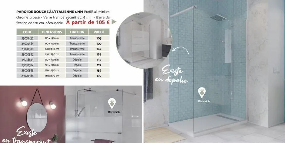 paroi de douche à l'italienne 6 mm profile aluminium chromé brossé - verre trempé sécurit ép. 6 mm - barre de  fixation de 120 cm, découpable - a partir de 105 €  code  25078436  25070585  25070586 25