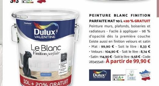 Abd  Dulux  VALENTINE  Le Blanc Finition parfaite  MAN  Dulux  VALENTINE  PEINTURE BLANC FINITION PARFAITE MAT 10 L +20% GRATUIT Peinture murs, plafonds, boiseries et radiateurs - Facile à appliquer -