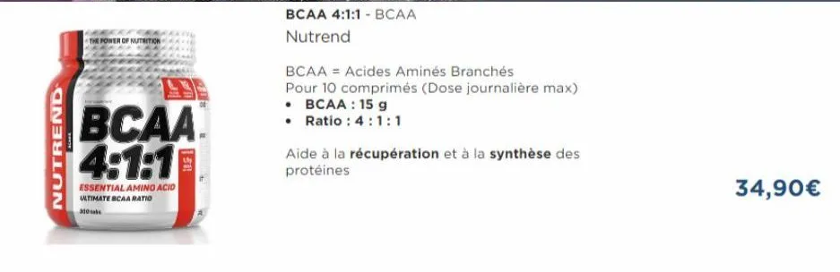 nutrend  the power of nutrition  essential amino acid  ultimate bcaa ratio  300  bcaa 4:1:1  bcaa = acides aminés branchés pour 10 comprimés (dose journalière max) • bcaa: 15 g  • ratio: 4:1:1  aide à