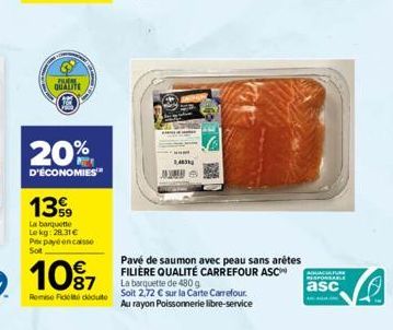 20 QUATTITE  (3  20%  D'ÉCONOMIES  1399  La barquette  Lekg: 28.31€ Px payé encaisse Sot  10%7  Remise de déduite  1,403  Pavé de saumon avec peau sans arêtes FILIÈRE QUALITÉ CARREFOUR ASC  La barquet