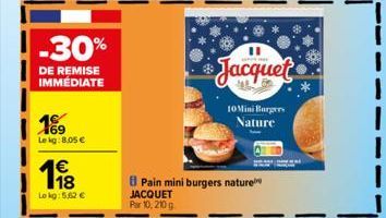 -30%  DE REMISE IMMÉDIATE  169 Le kg: 8,05 €  €  18  Lokg: 5,62 €  Jacquet  10 Mini Burgers Nature  Pain mini burgers nature  JACQUET  Par 10, 210g 