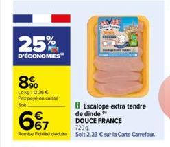 25%  D'ÉCONOMIES  8%  Lekg: 12.36 € Prix paye en case Sol  6%7  Remise Ficidecut  de dinde  Escalope extra tendre  DOUCE FRANCE  720g  Soit 2,23 € sur la Carte Carrefour. 