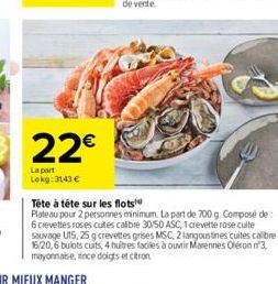 22€  La part Lekg: 3143 €  Tête à tête sur les flots  Plateau pour 2 personnes minimum. La part de 700 g. Composé de: 6 crevettes roses cuites calibre 30/50 ASC, 1 crevette rose cuite sauvage U15, 25 