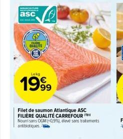 AQUACULTURE  asc  FUCH QUALITE  Lekg  1999  Filet de saumon Atlantique ASC FILIERE QUALITÉ CARREFOUR ( Nourri sans OGM (0,9%), élevé sans traitements antibiotiques. 