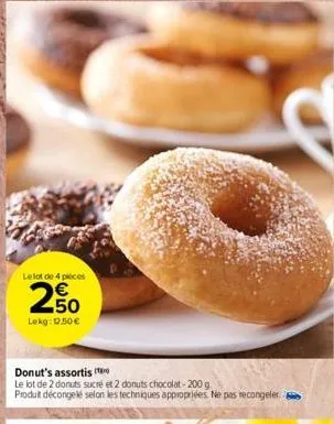 le lot de 4 pieces  250  lekg: 12.50 €  donut's assortis  le lot de 2 donuts sucré et 2 donuts chocolat-200 g.  produit décongelé selon les techniques appropriées. ne pas recongeler 