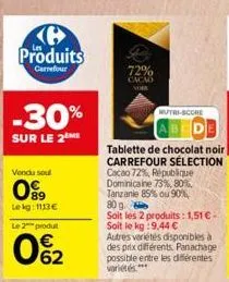 ke produits  carrefour  -30%  sur le 2 me  vendu sou  09  lekg: 1113€  le 2 produ  0%2  72%  cacao  nous  tablette de chocolat noir carrefour sélection cacao 72%, république dominicaine 73%, 80%, tanz