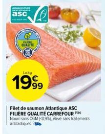 AQUACULTURE  asc  FUCH QUALITE  Lekg  1999  Filet de saumon Atlantique ASC FILIERE QUALITÉ CARREFOUR ( Nourri sans OGM (0,9%), élevé sans traitements antibiotiques. 