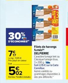 30%  D'ÉCONOMIES  79  Lekg: 1195 € Prix payé en caisse  Sot  Depr  Filets de harengs fumés  DELPIERRE  Caractère fumage lent ou Classique fumage doux, 3x200g  Soit 2,15 € sur la Carte Carrefour  502  