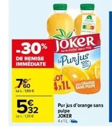 60 le l: 1,90 €  -30% joker  de remise immédiate  purjus  €  592  le l:1,33 €  lot  4x1l  orange sans pulpe  pur jus d'orange sans  pulpe joker 4x1l2 