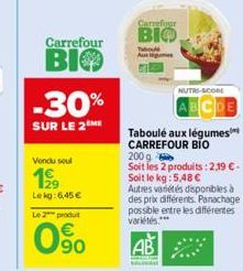 Carrefour  ВІФ  -30%  SUR LE 2 ME  Vendu seul  199  Lekg: 6,45 €  Le 2 produt  90  Carrefour  BIO  Tab Augus  NUTRI-SCORE  DE  Taboulé aux légumes CARREFOUR BIO  200 g Soit les 2 produits: 2,19 €-Soit